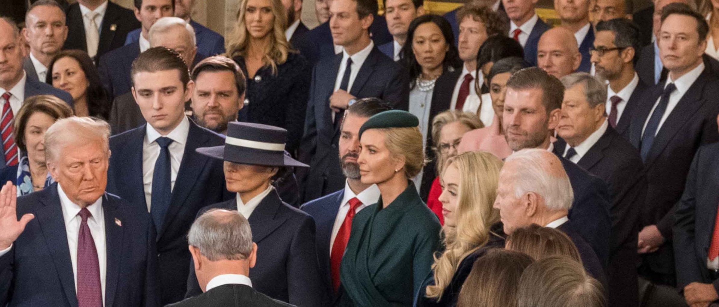 Image of Meta's Mark Zuckerberg, Amazon's Jeff Bezos, Google's Pichai Sundararajan, and Elon Musk standing almost immediately behind Donald Trump during his second inauguration