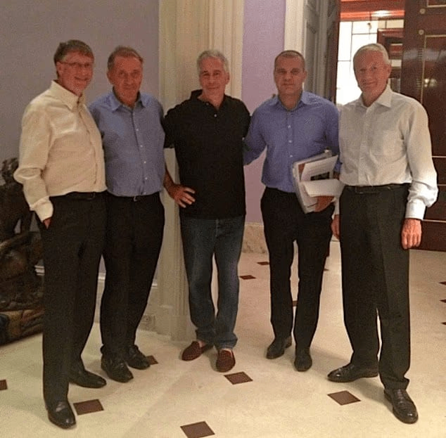 Image showing Microsoft co-founder Bill Gates, Norwegian politician Terje Rød-Larsen, Jeffrey Epstein, venture capitalist Boris Nikolic, and former Norwegian Prime Minister Thorbjørn Jagland