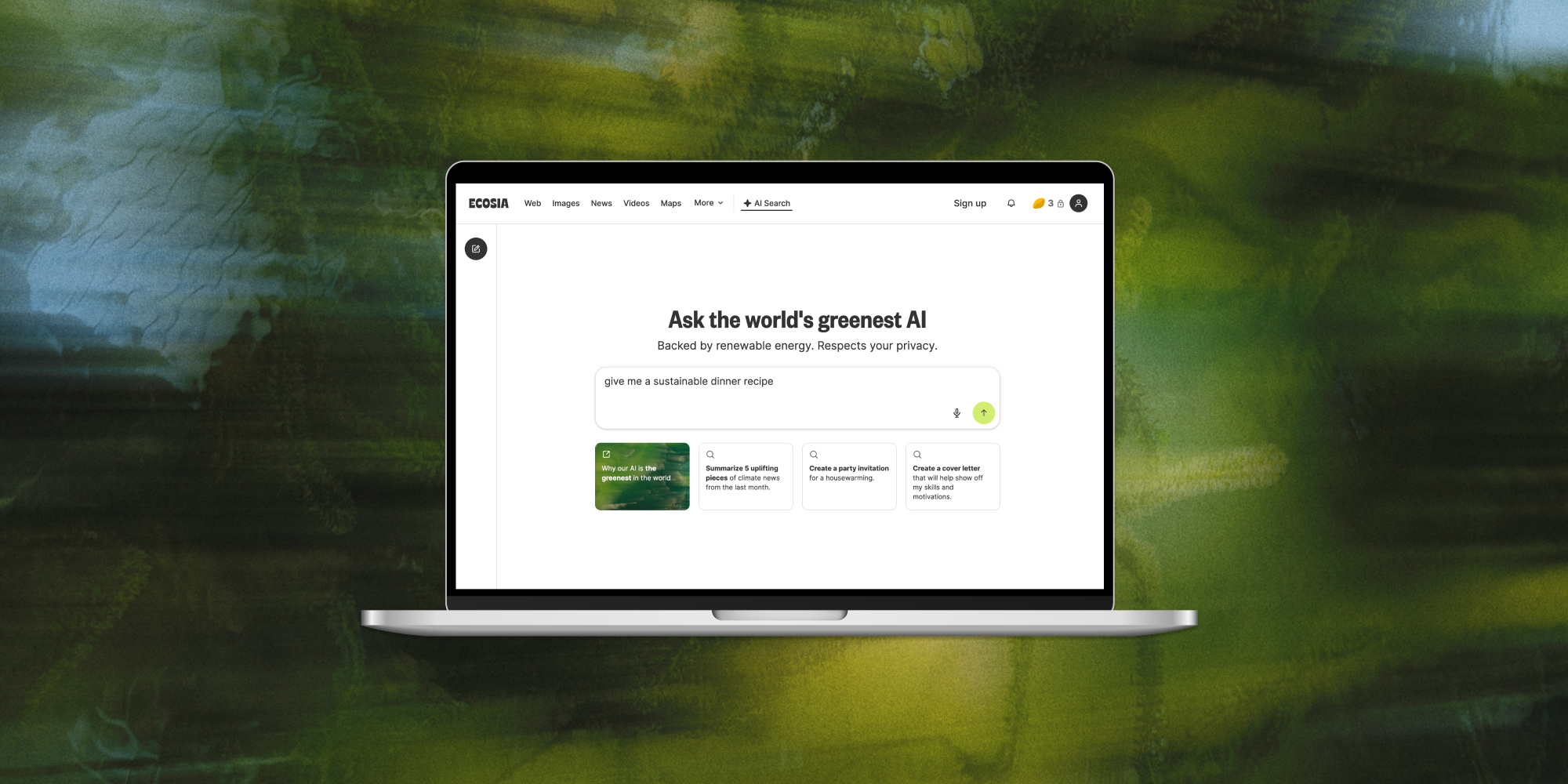 Image showing Ecosia's AI with the text "Ask the world's greenest AI", "Backed by renewable energy. Respects your privacy", and "Why our AI is the greenest in the world"